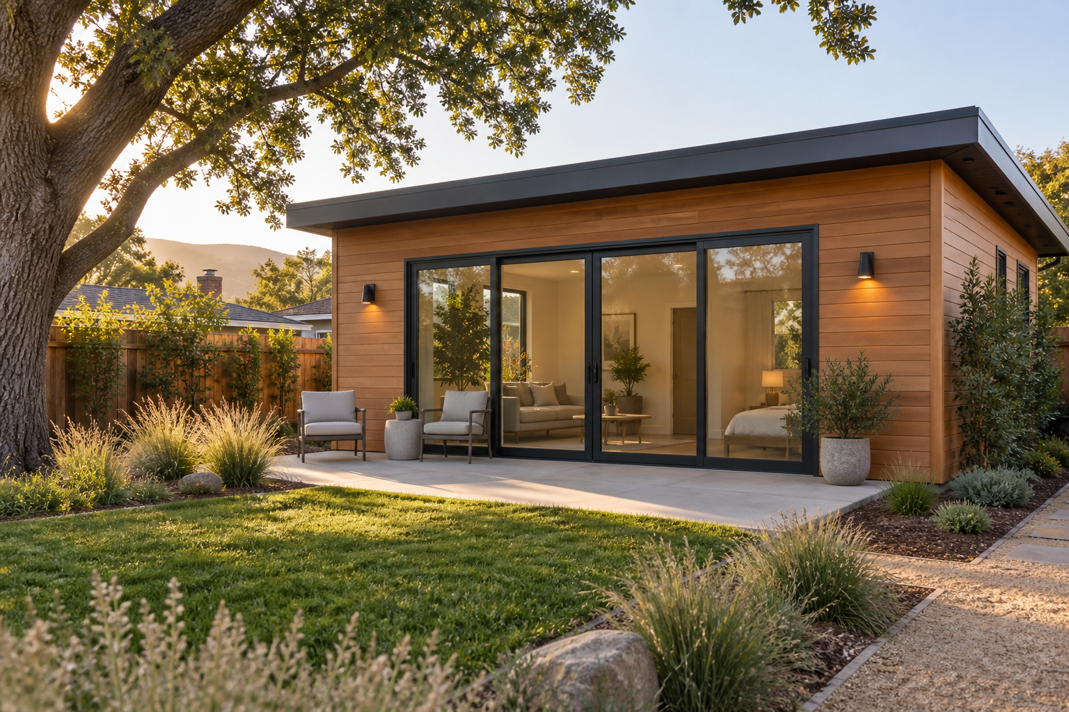 Cedar-clad backyard ADU with glass doors and a patio under a California oak